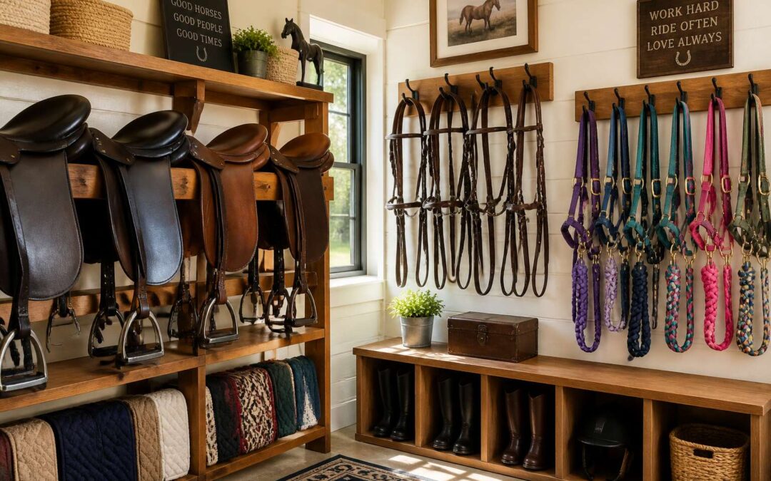 A horse tack organizer keeps saddles and bridles in perfect order.