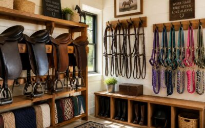 A horse tack organizer keeps saddles and bridles in perfect order.